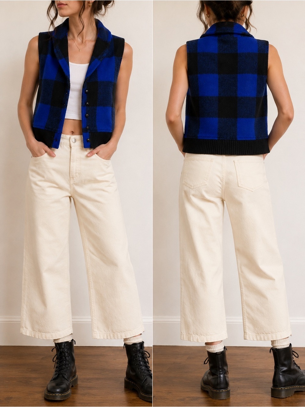 🦬 Vintage Woolrich Woman Blue & Black Buffalo Plaid Wool Vest – Made in USA (L)